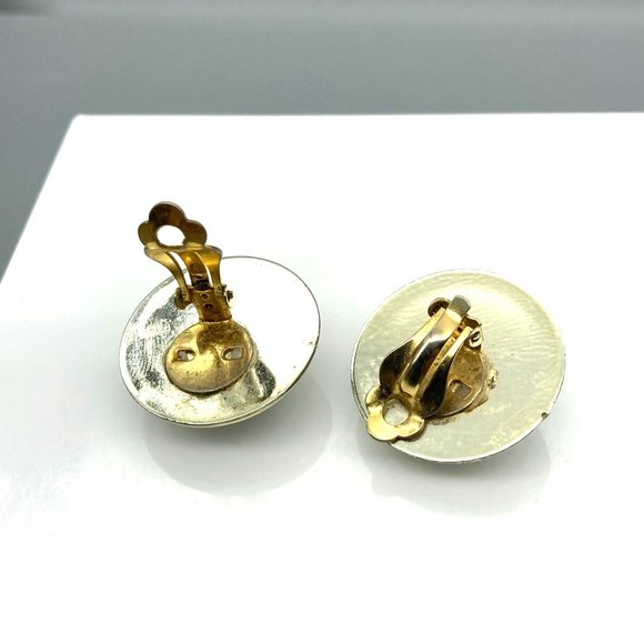 Elegant White Lucite Button Earrings with Gold Tone Frames, Vintage Chic Clip On - Picture 6 of 6